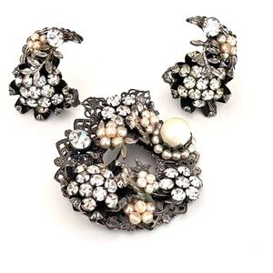 Vintage Original By Robert Brooch Clip On Earrings Set Rhinestones Faux Pearls